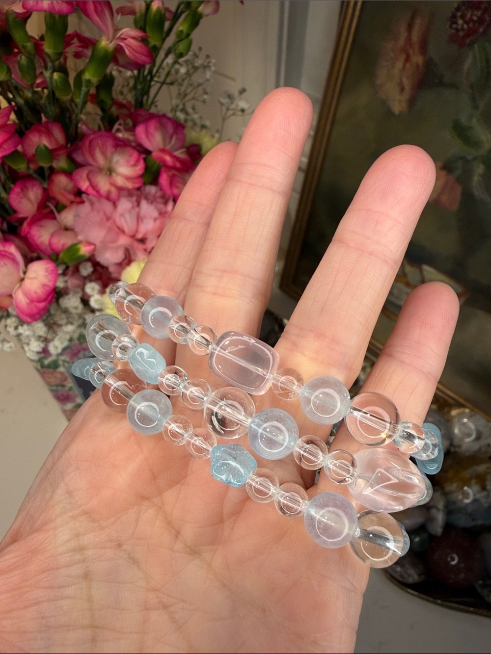 Aquamarine, Rose Quartz & Clear Quartz Bracelet (listing is for 1): B1261